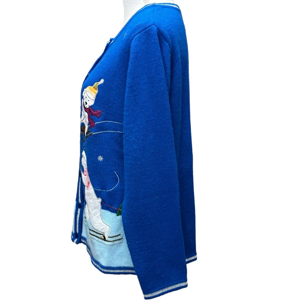 Holiday Polar Bear Ugly Christmas Sweater Blue Silver Metallic Trim Sz‎ L Skate - Image 3