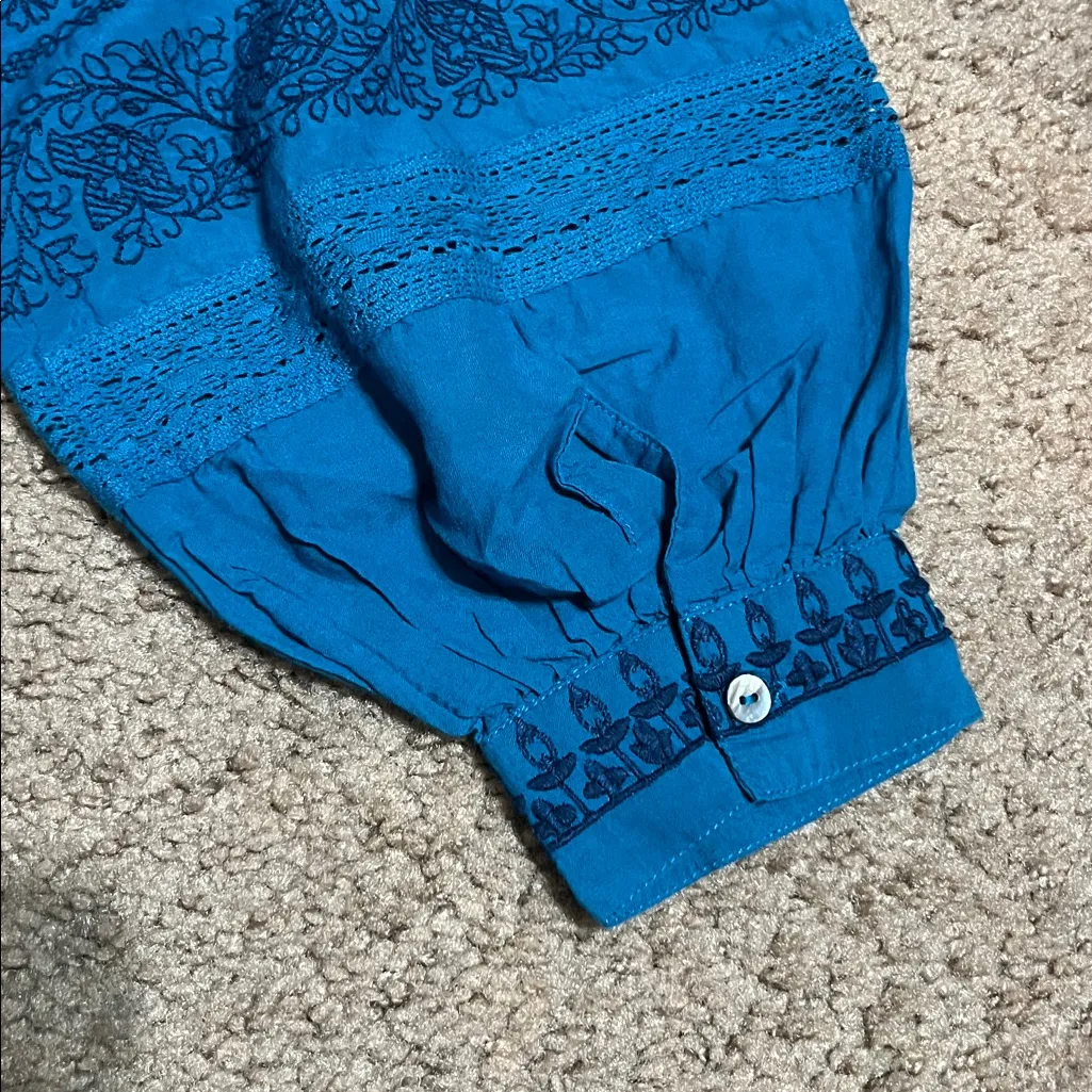 Sundance Almara Floral Embroidered Balloon Sleeve Peasant Blouse Blue PS - Image 5