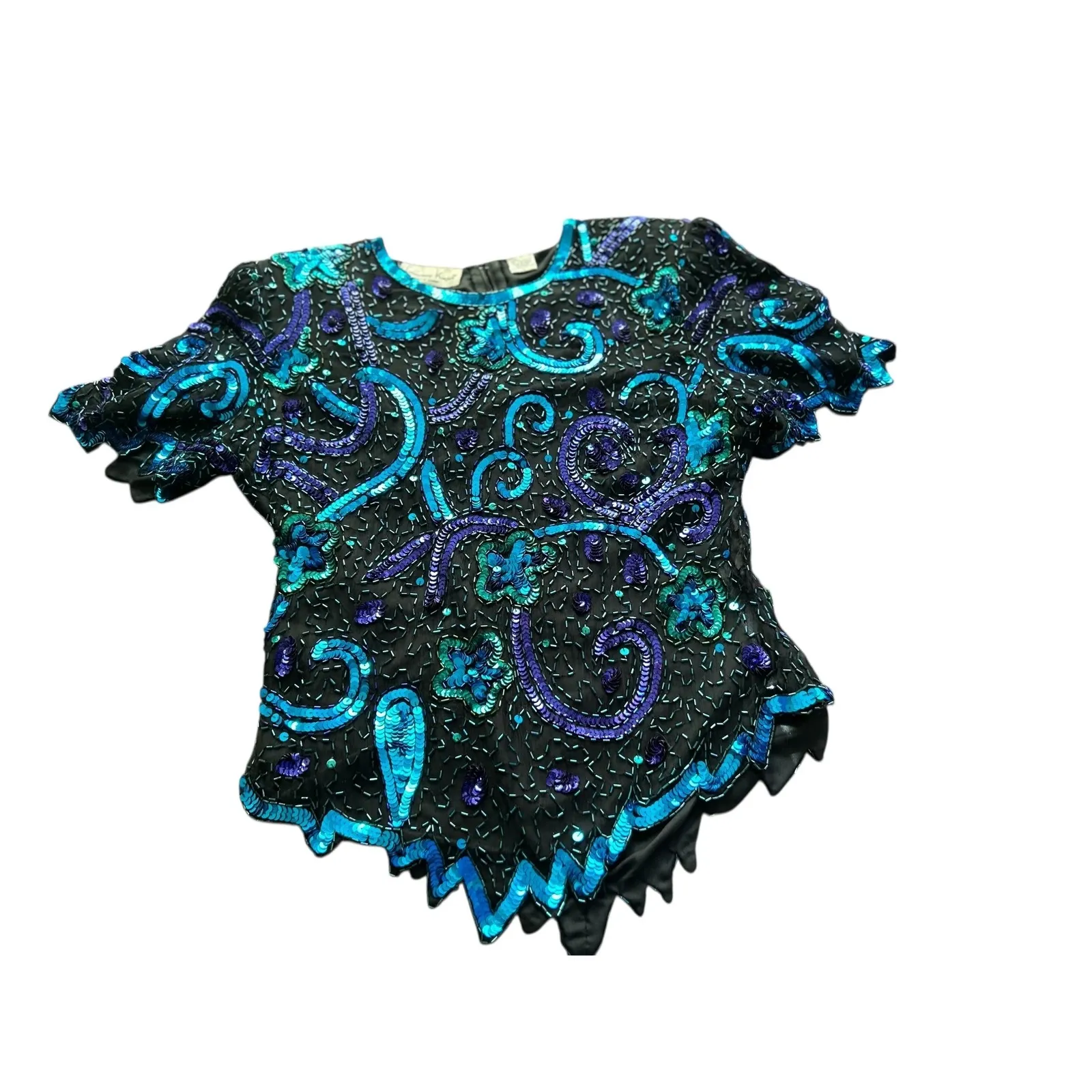 Vintage Lawrence Kazar Beaded silk Sequin Top Turquoise Purple Embellished Party Black Size L - Image 2