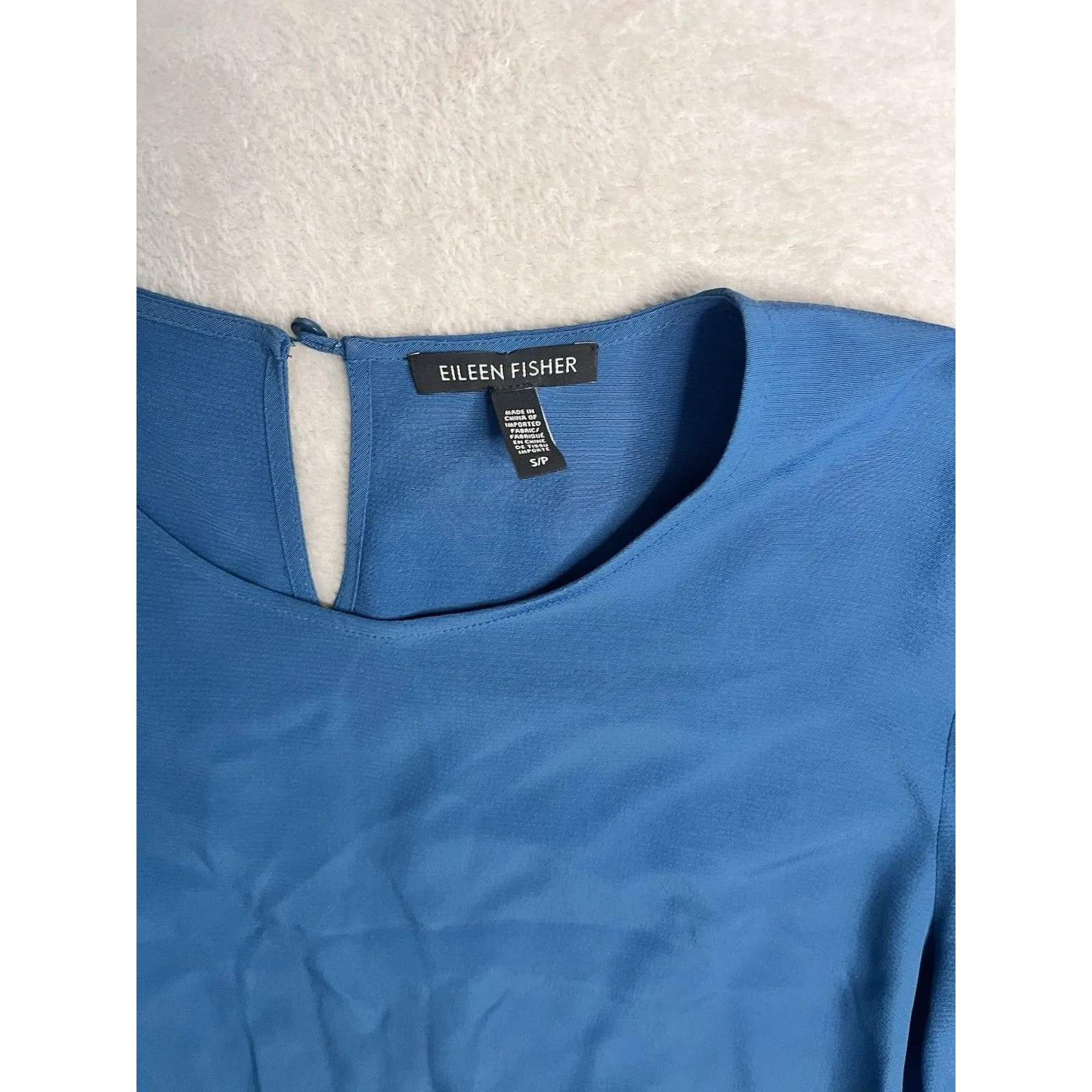 Eileen Fisher Tencel Viscose Crepe Shift Dress Short Sleeve Small Blue - Image 2