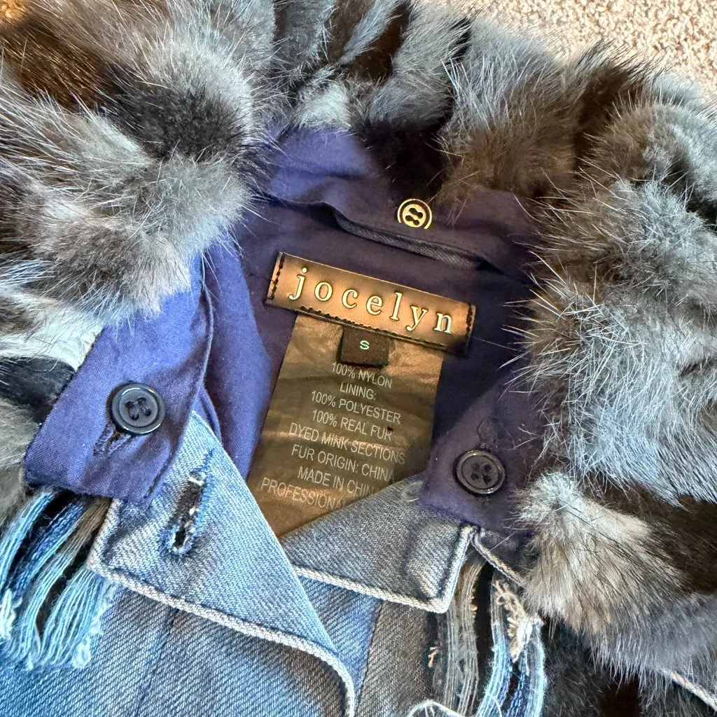 Jocelyn Distressed Denim Jacket Real Fur Cutout Trim Collar Size Small Women's Blue - Image 11
