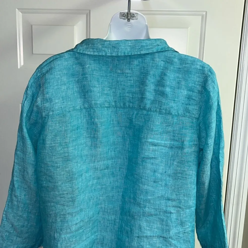 Isaac Mizrahi New York Turquoise V-Neck Linen Pullover Collared Shirt- Small - Image 10