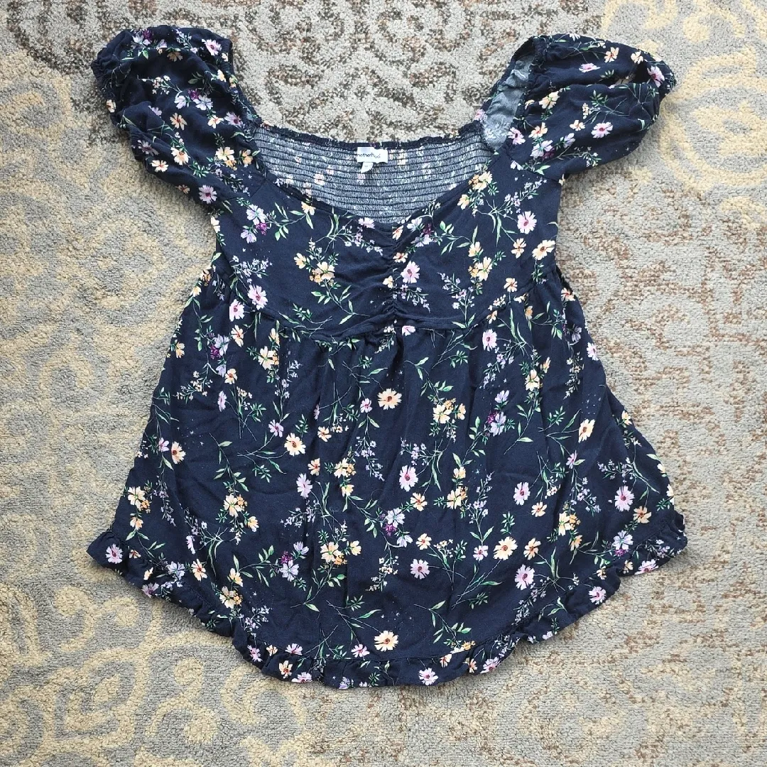Motherhood Maternity Puff Sleeve Babydoll Top Floral Navy XL - Image 2