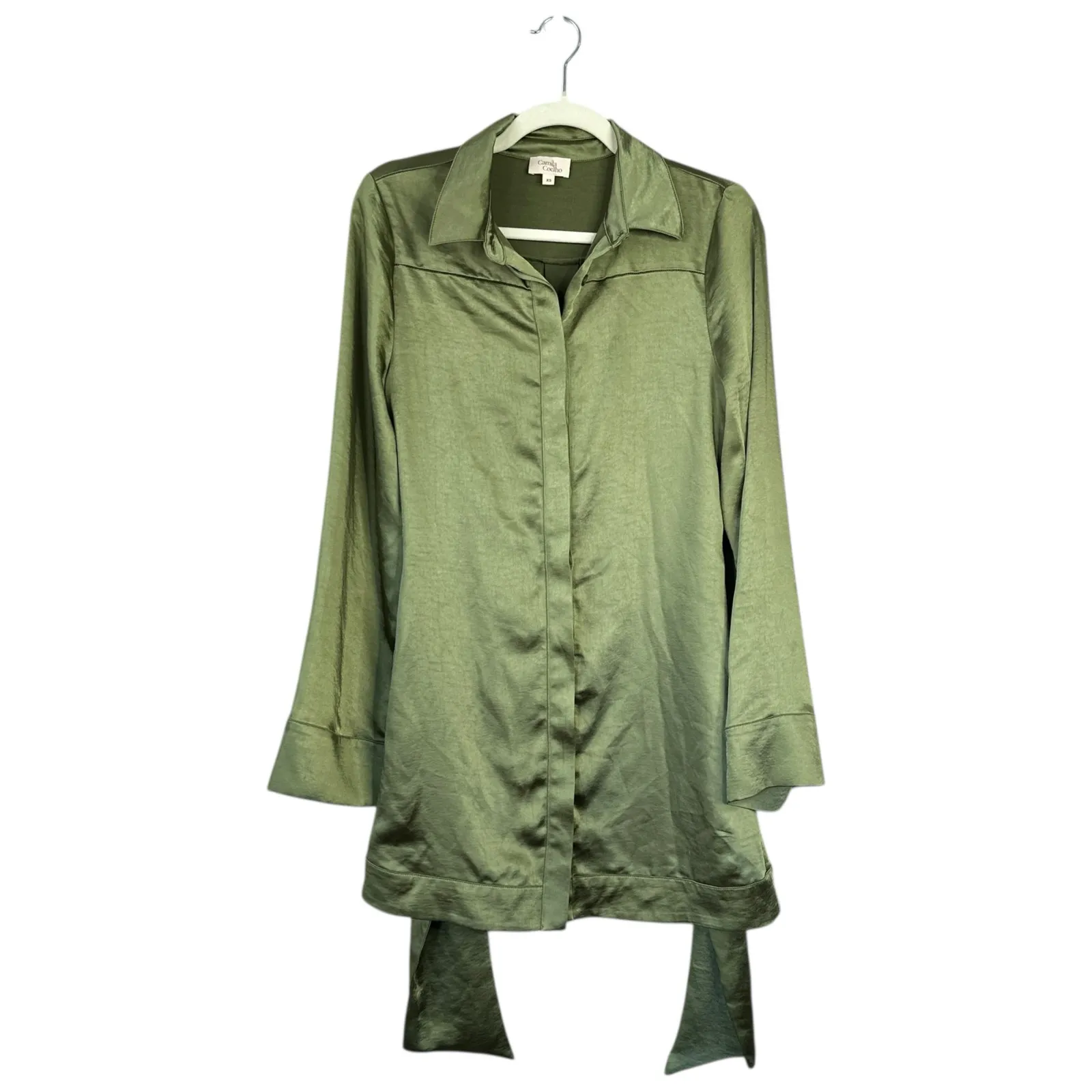 CAMILA COEHLO Priscilla Mini Dress Sage Green Satin Button Up Tie Waist Size XS - Image 4