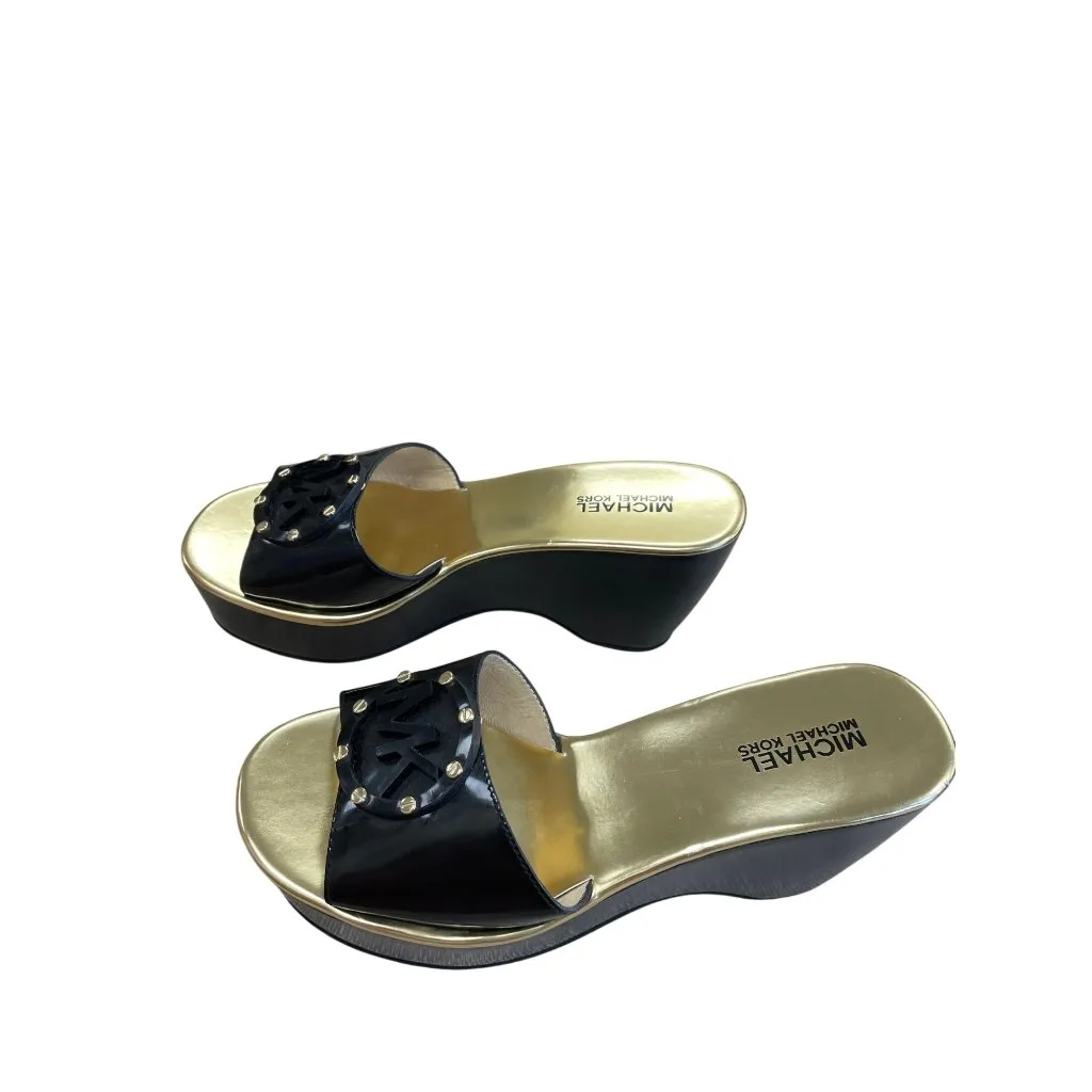 Michael Kors Womens Black Gold Leather Slip On Wedge Sandals Size 7M SKU 8488 - Image 4