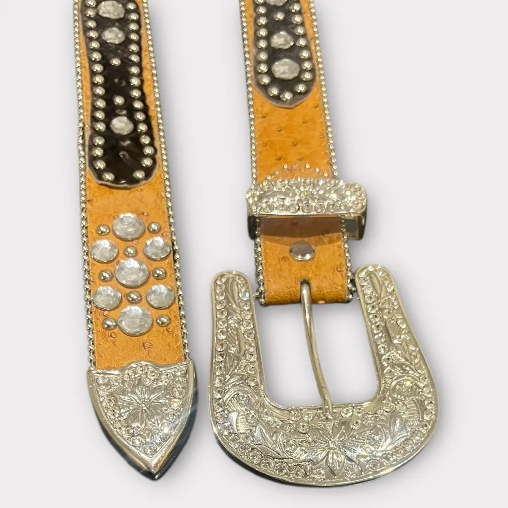 Atlas Black and Tan Leather Belt with Silver Buckles and Rhinestone Detailing - Image 3