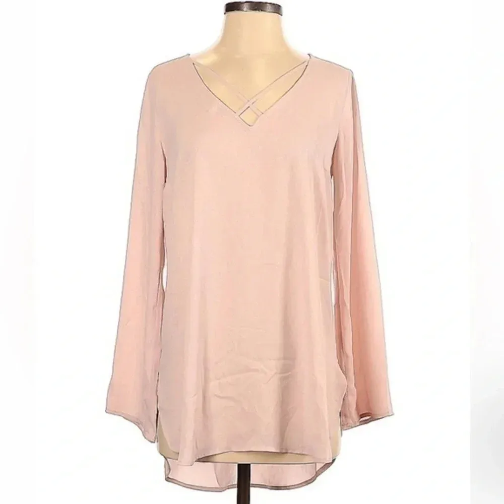 Vintage Express Blush Pink Long Sleeve Criss Cross V-Neck Blouse Size S Y2K - Image 2