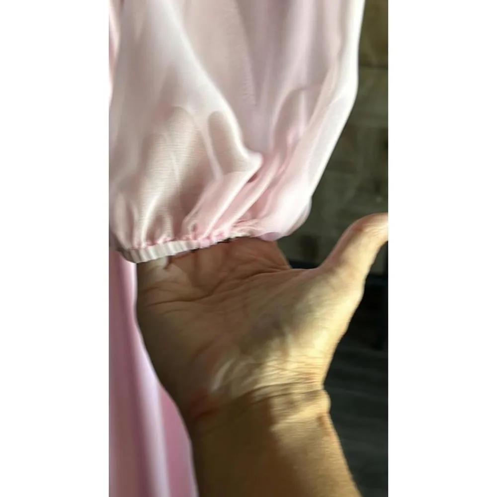 Vintage Womens 60's Dress S/M Baby Pink Long Sleeve Sheer High Ruffle Neckline - Image 5