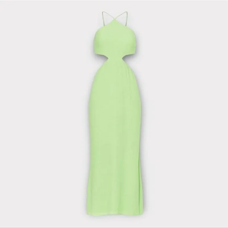 Louna Halter‎ Cutout Green Side Slit Elegant Hourglass Crepe Midi Dress Gown S - Image 13