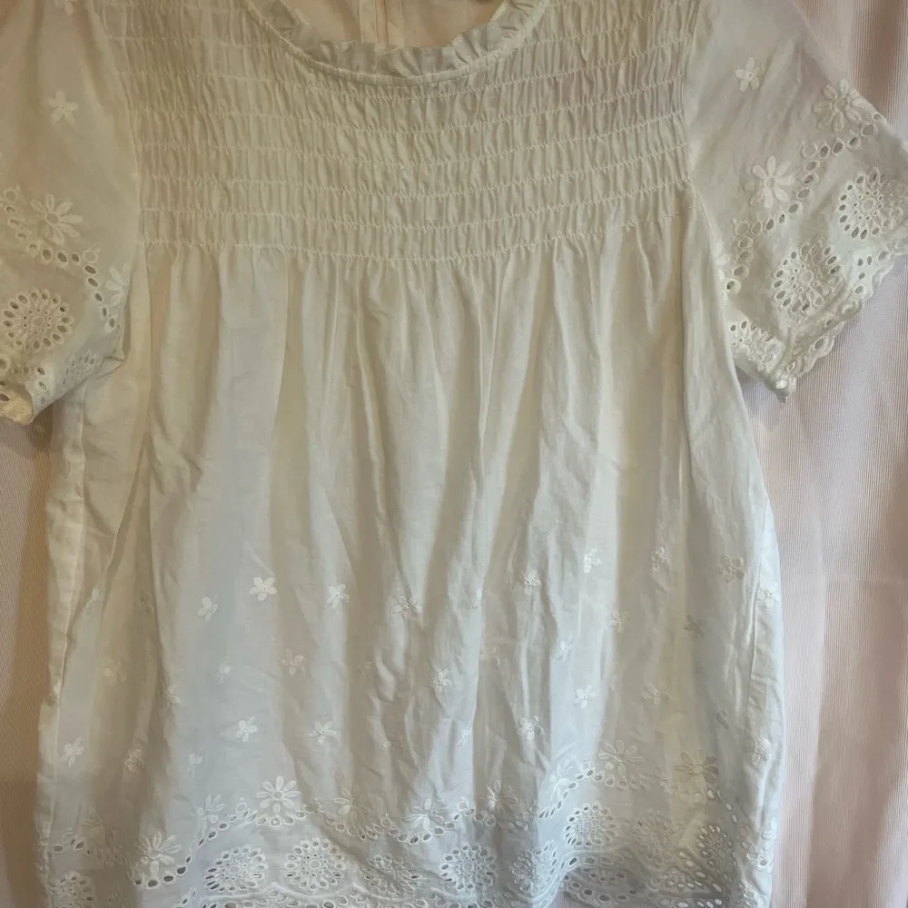 Cream Smocked Short Sleeve Blouse with Bib Collar White - Image 2