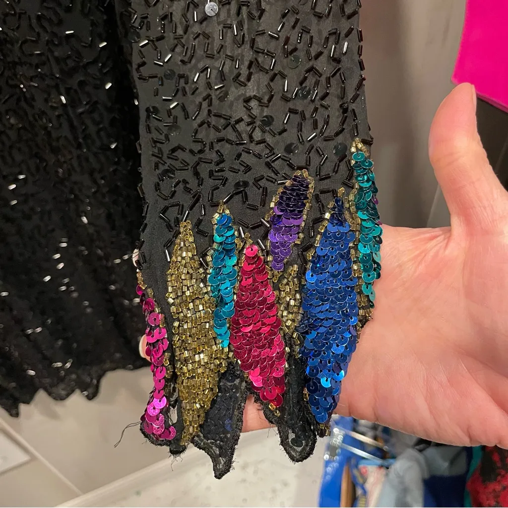 Vintage 80s Nite Line silk mesh beaded sequin floating neckline mini dress fancy Black Size XS - Image 12