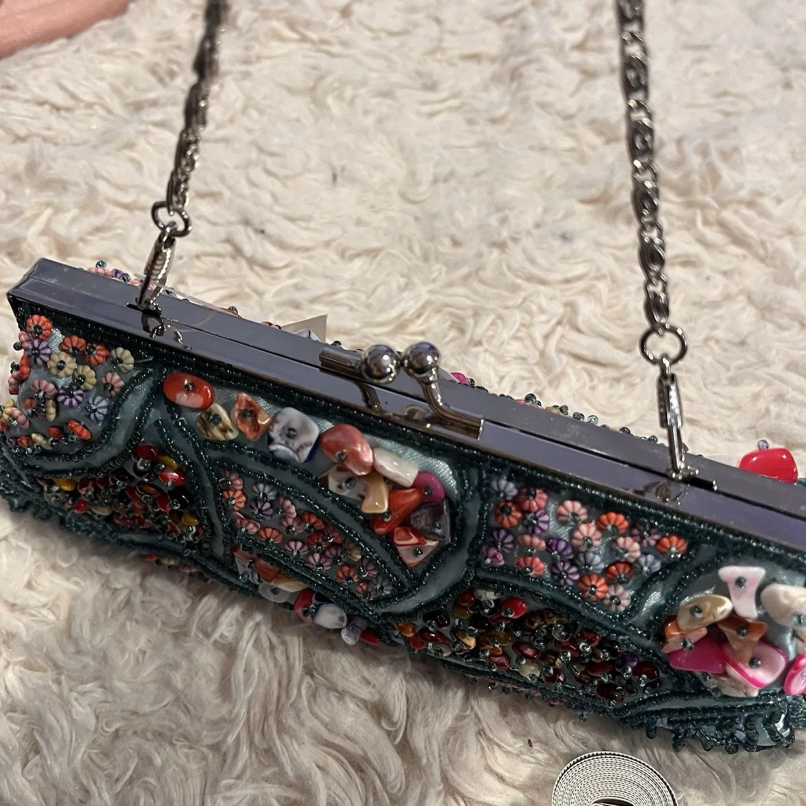 Hand Beaded Shell Clutch Purse Teal Blue Kiss Lock Evening Bag w/ Chain - Image 13