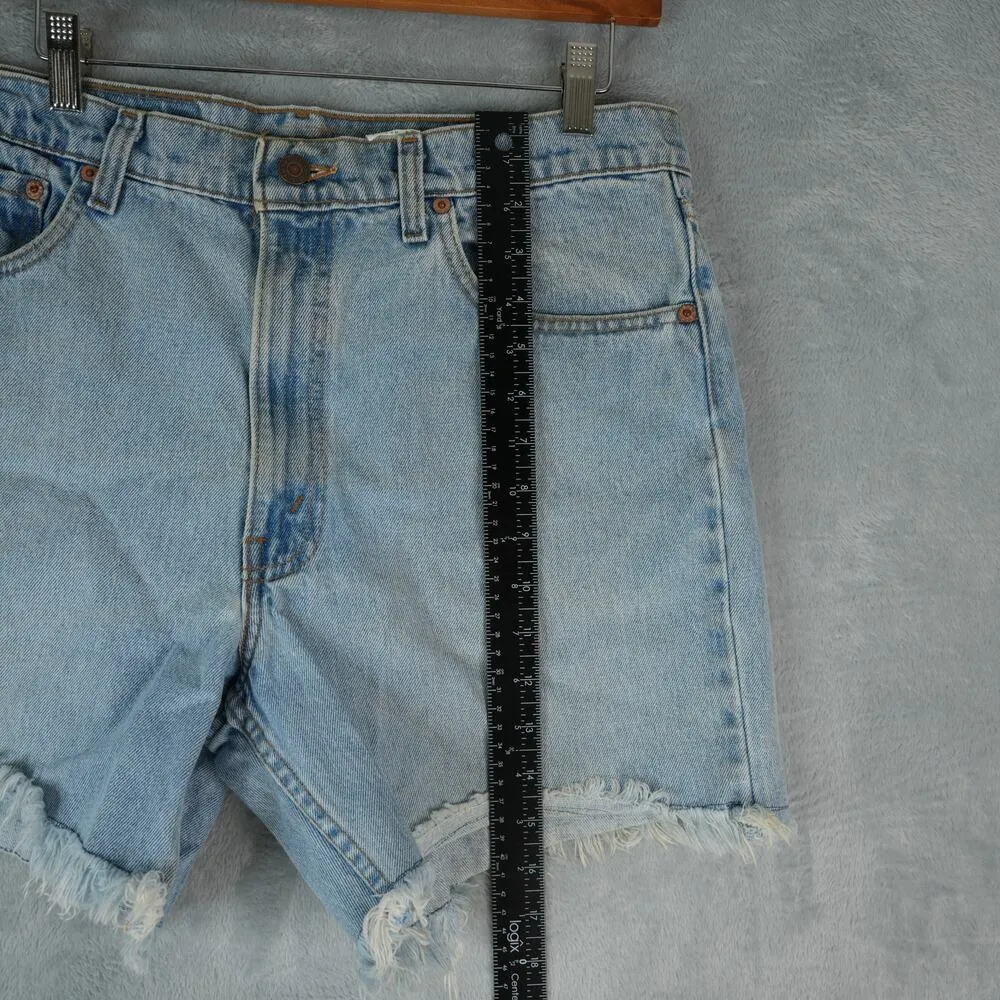 Vtg 95' Levis 555 Shorts Mens Womens 33x6 Blue Cut Off Raw Hem Bootie Hot Pants - Image 11