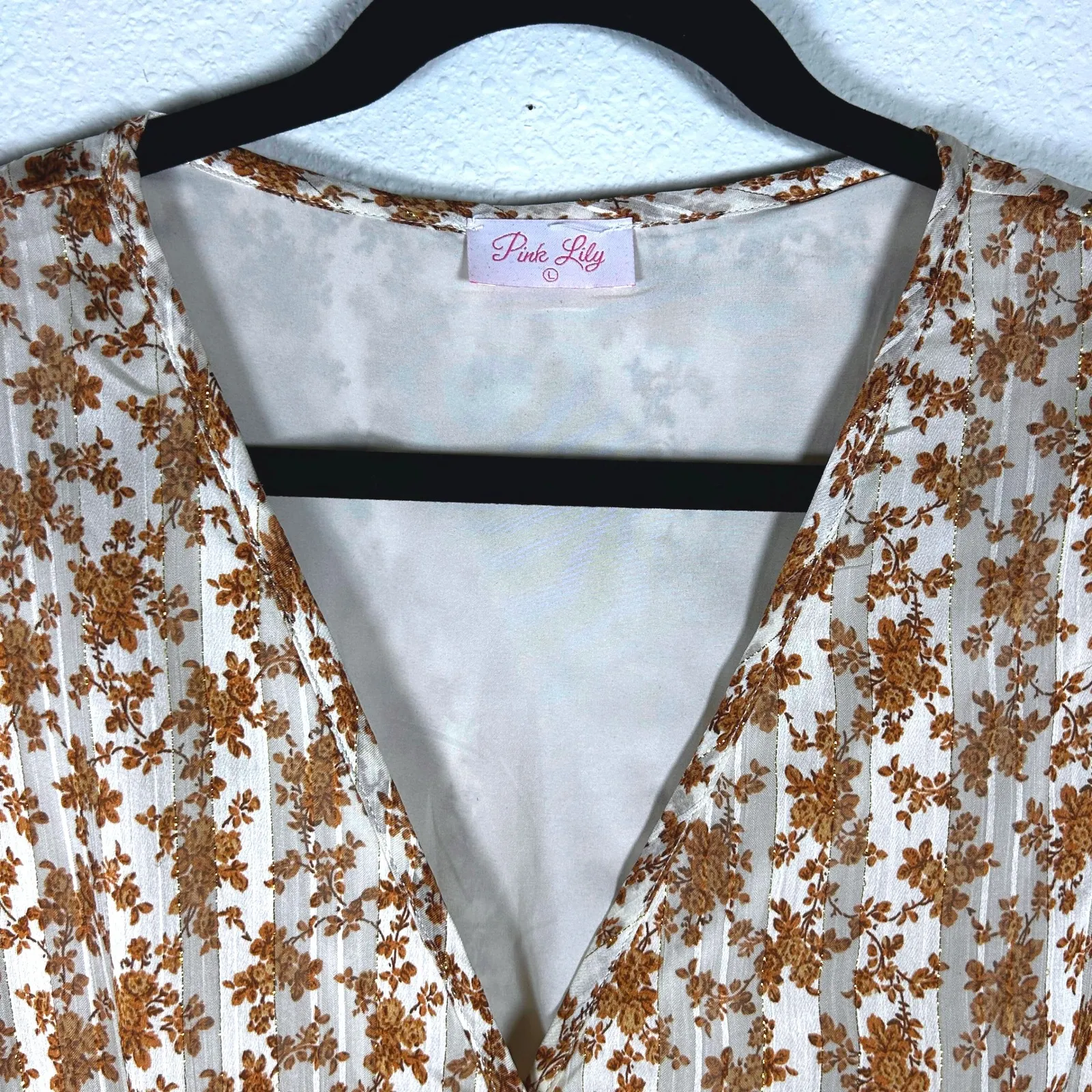 Pink‎ Lily Floral Long Sleeve Midi Dress V Neck Ruffle Cuffs Women's - Image 7