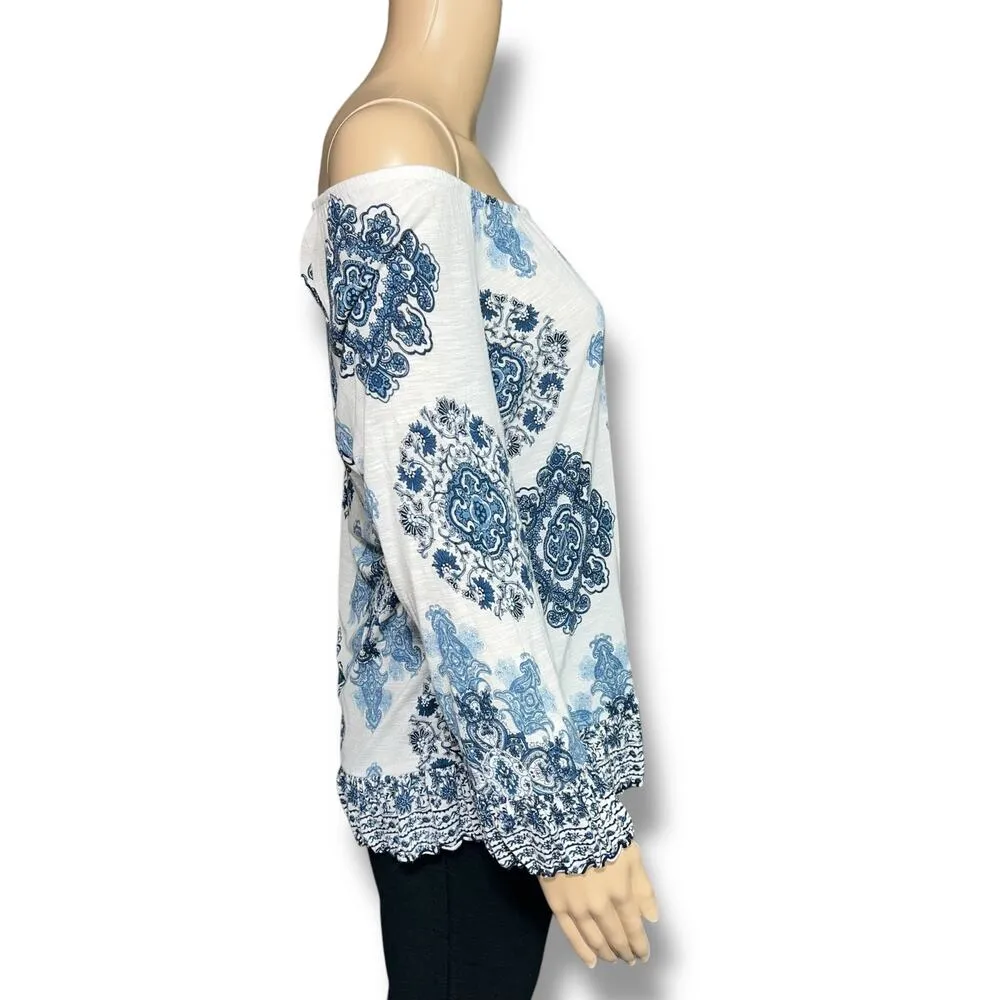 INC International Concepts Womens Blouse Top Shirt Floral Geo Print Blue White Size M - Image 2