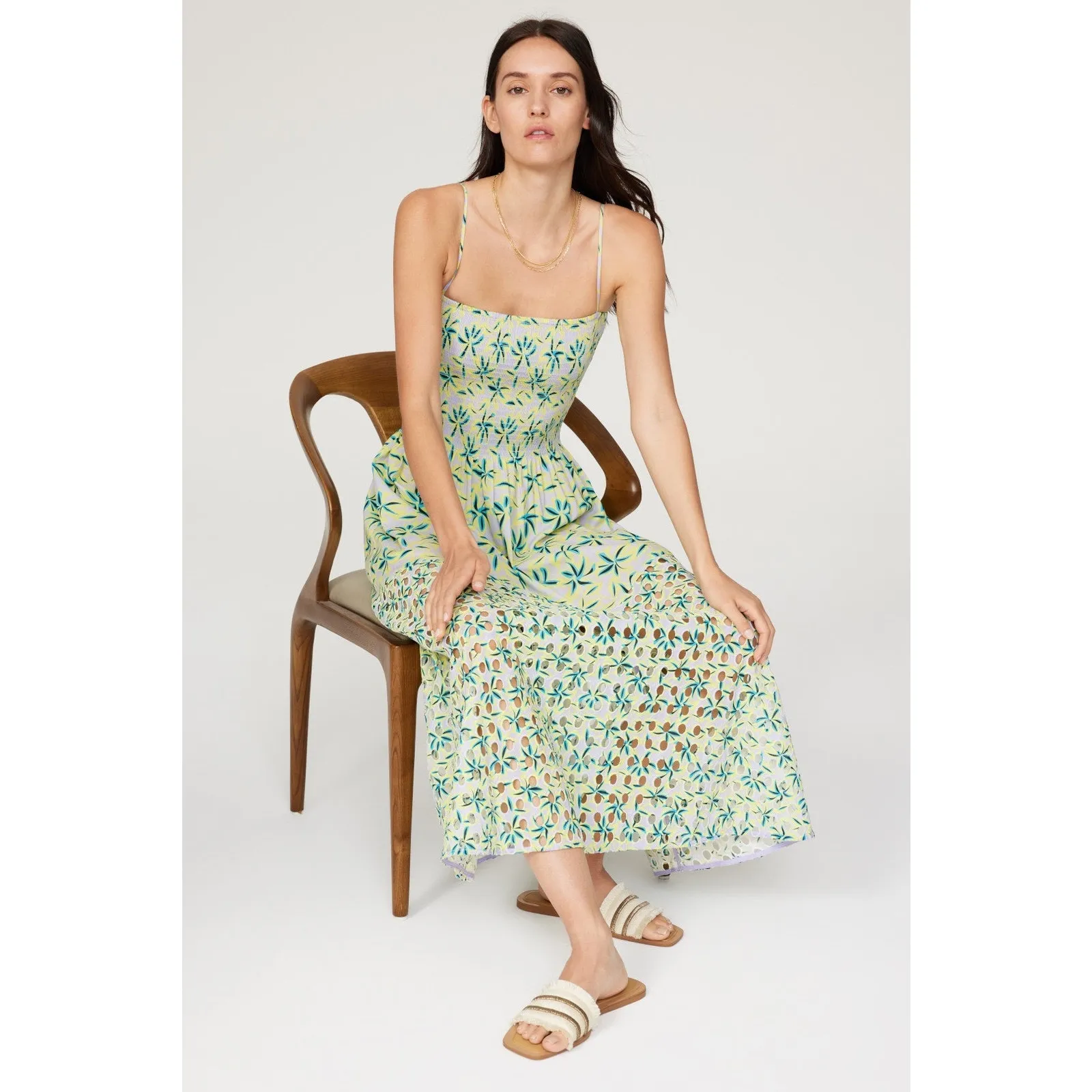 Solid & Striped Kennedy Green Tropical Floral Print Smocked Eyelet Midi Dress M - Image 4