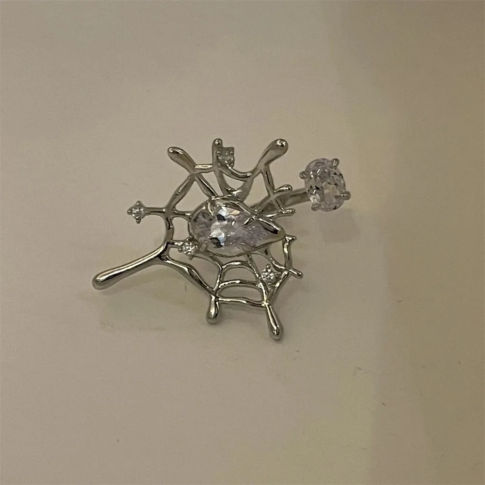 Korean Vintage Zircon Spider Web Silver Open Ring - Image 4