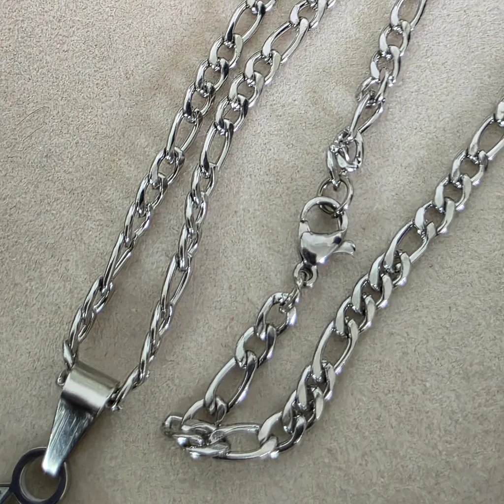 Silver Stainless Steel Figaro Chain Necklace and New York Yankees Blue Pendant - Image 5