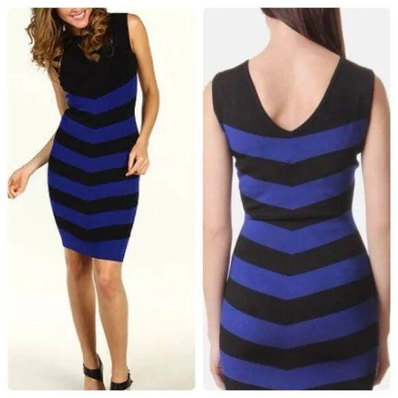 NEW Ted Baker Dress Womens 3- US 8 Bellie Blue Black Striped Stretch BodyCon - Image 2