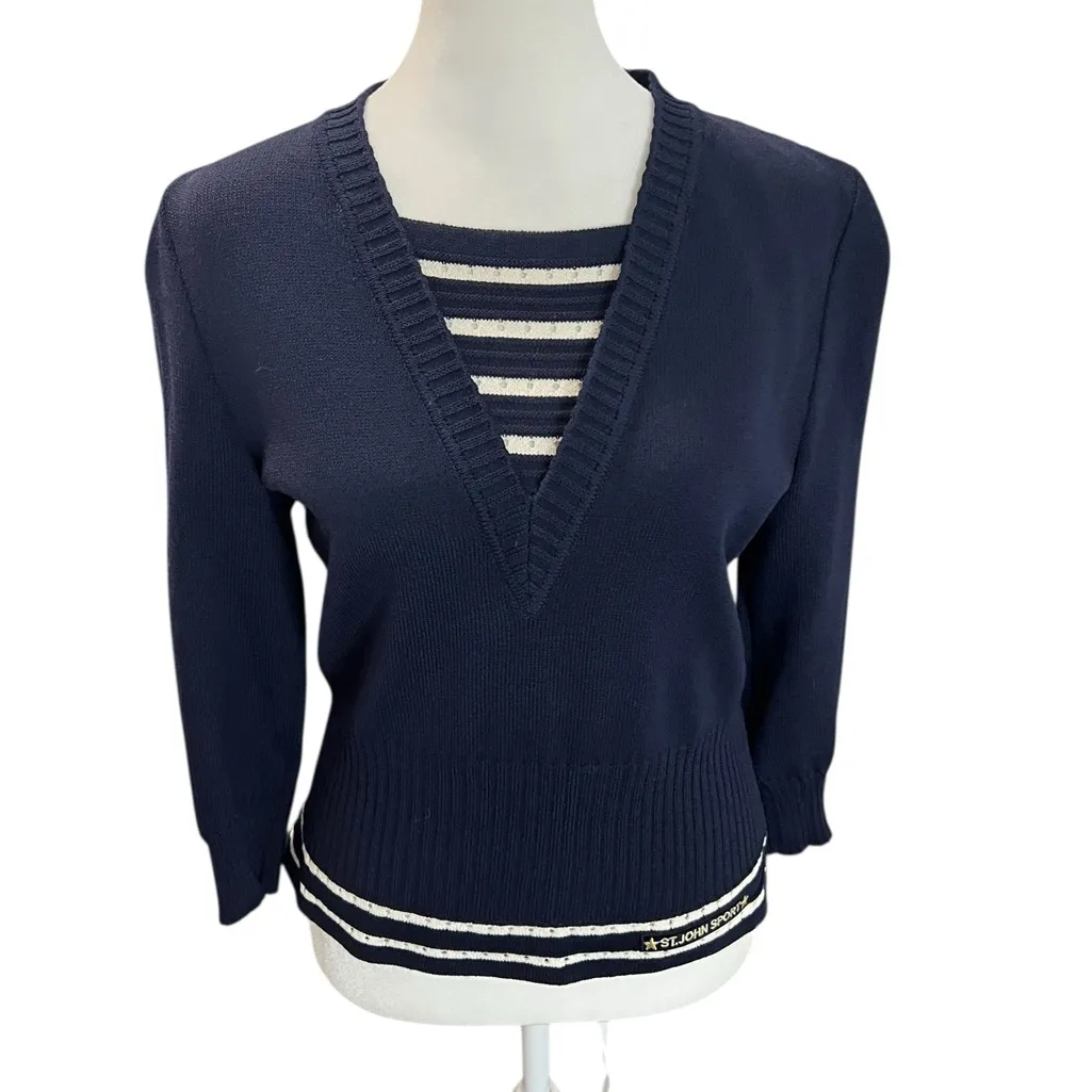St. John Sport Navy Wool Blend Nautical Sweater Size P Coastal Preppy Old Money Blue - Image 2