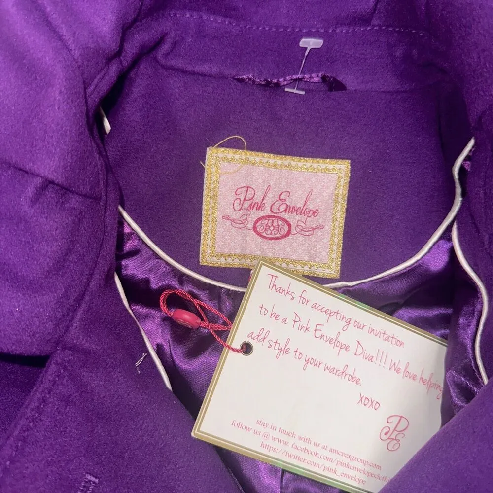 Pink Envelope Purple Women's Hooded Belted Peacoat Jacket CoatSize Medium - Image 3