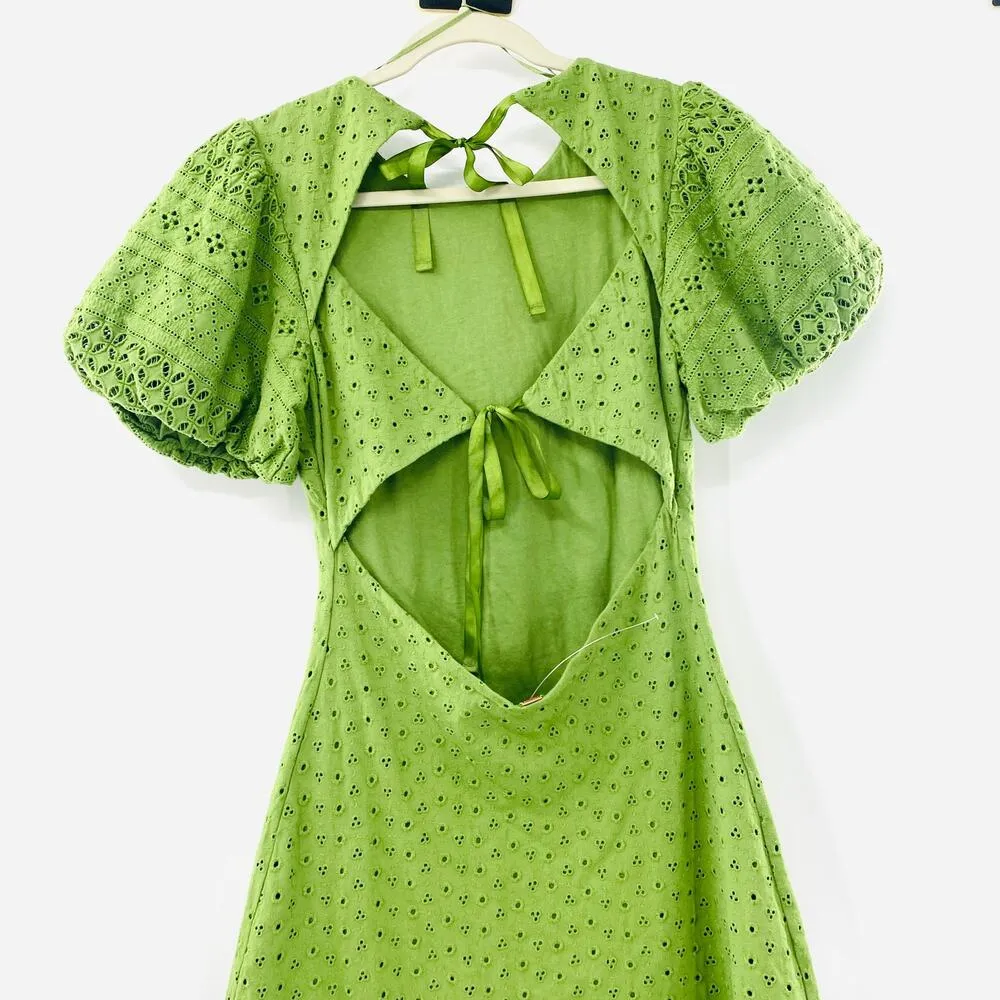 NEW Free People Apricot Eyelet Green Puff Sleeve Open Tie Back Mini Dress XS - Image 6