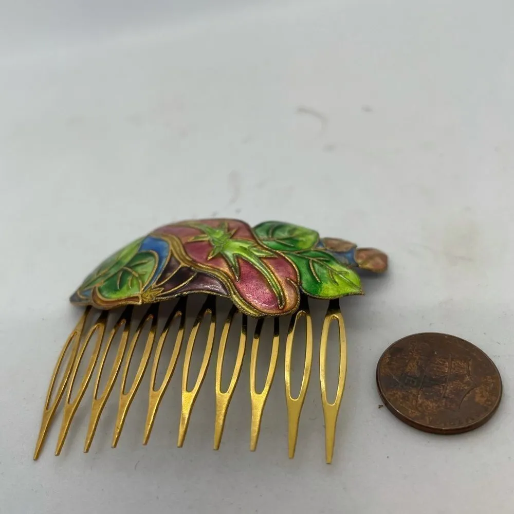 Vintage 80s Cloisonné Enamel Floral Art Noveau Hair Comb Hair Accessories Neon Blue - Image 11