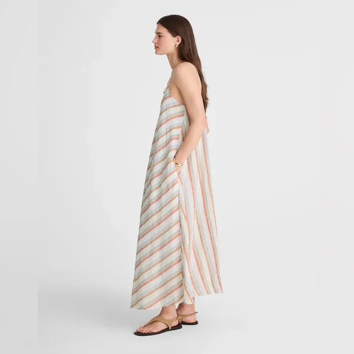 NWOT Madewell Striped V-Neck Midi Dress in 100% Linen Broken Strap Easy Fix Sz L - Image 3