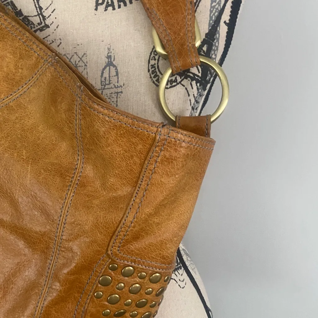 STEVEN by Steve Madden Premium Brown Leather Studded Hobo Shoulder Handbag - Image 10