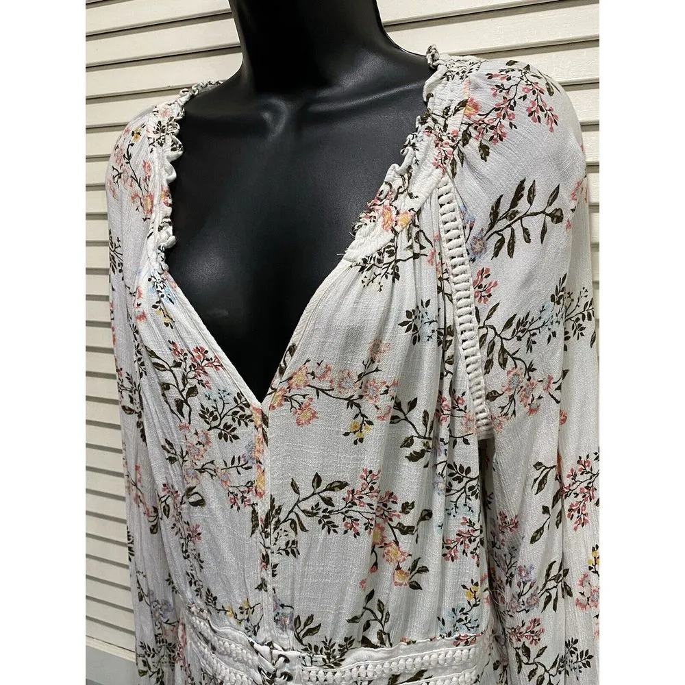 American Rag Ivory Floral‎ Ruffle Long Sleeve Smocked Tie Crochet Size XL - Image 2