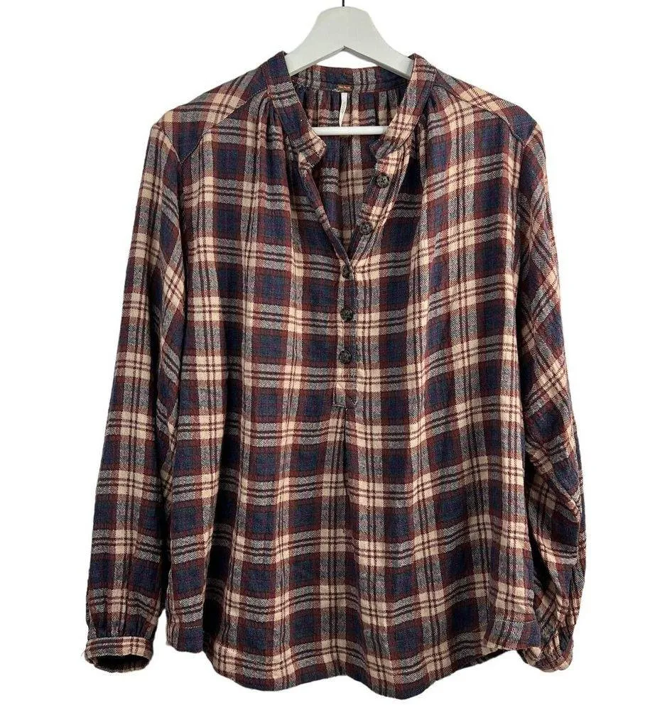 Free People Sz XS Button Front Shirt Northern Bound Plaid Flannel Onyx Oversized - Image 2