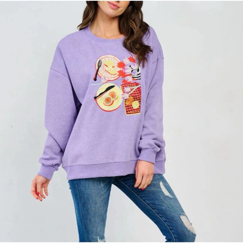 Pearl Brunch Graphic Embroidered Pullover Sweatshirt in lavender Purple Size XL - Image 11