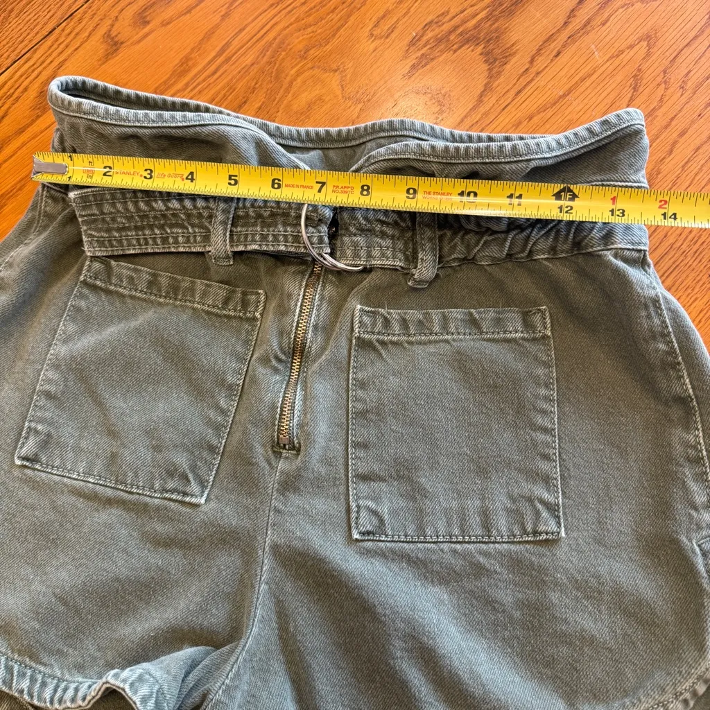 MANGO Green Denim Woman Shorts Size M Paperbag Elastic Waist Belt Size M - Image 6
