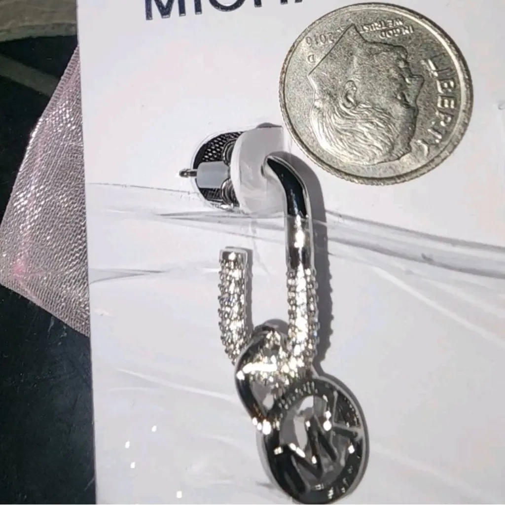 Michael Kors Silver MK Logo Crystal Huggie Dangle Empire Earrings NWT - Image 4