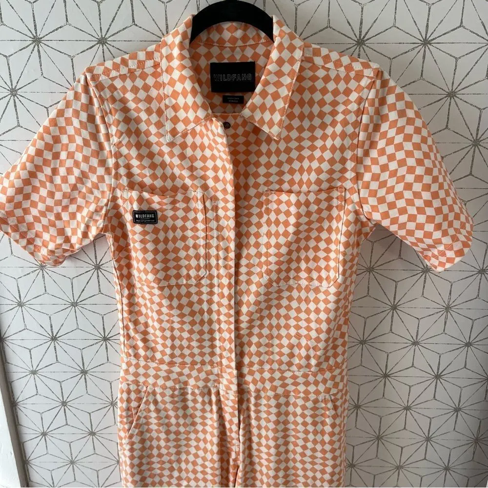 Wildfang Peach White Checkered Jumpsuit Orange Size XS - Image 2