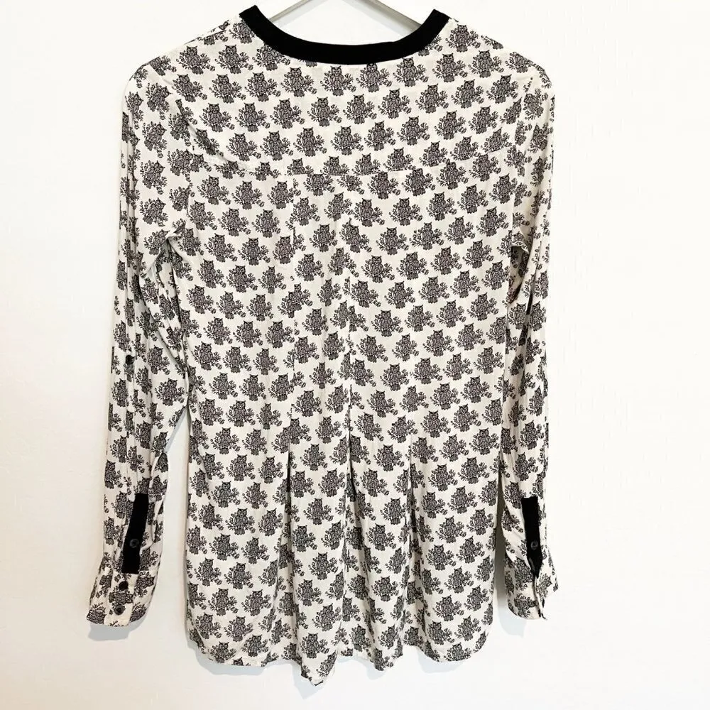 Vanessa‎ Virginia Owl Novelty Print Henley Top Anthropologie Black Cream Size 2 - Image 6