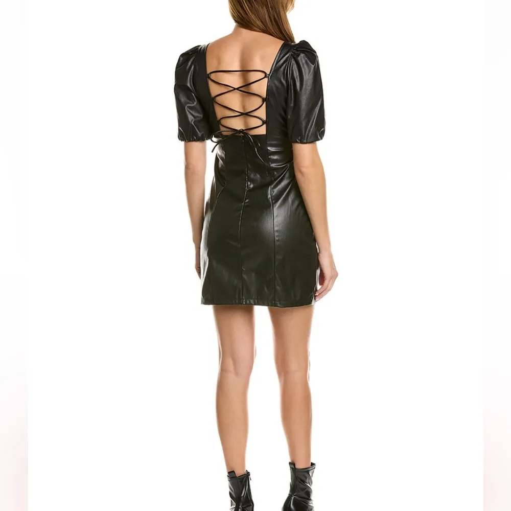 NWT Avantlook Faux Leather Mini Dress Square Neckline Puffy Sleeves Sexy Goth L - Image 2