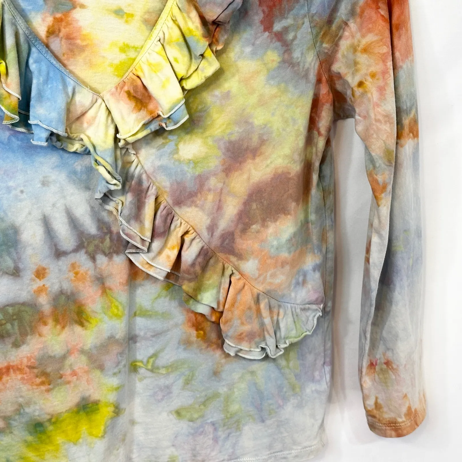 Chaps Large Top Handmade Tie Dye Ruffle V Neck Long‎ Sleeve Boho Festival 1747 - Image 7