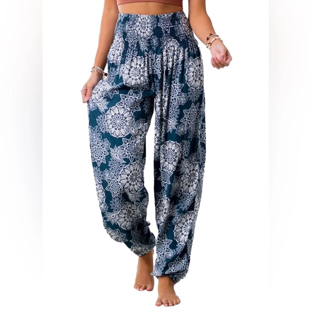 Lotus & Luna Corfu Floral Print Blue White Ankle Jogger Harem Pants - Image 7