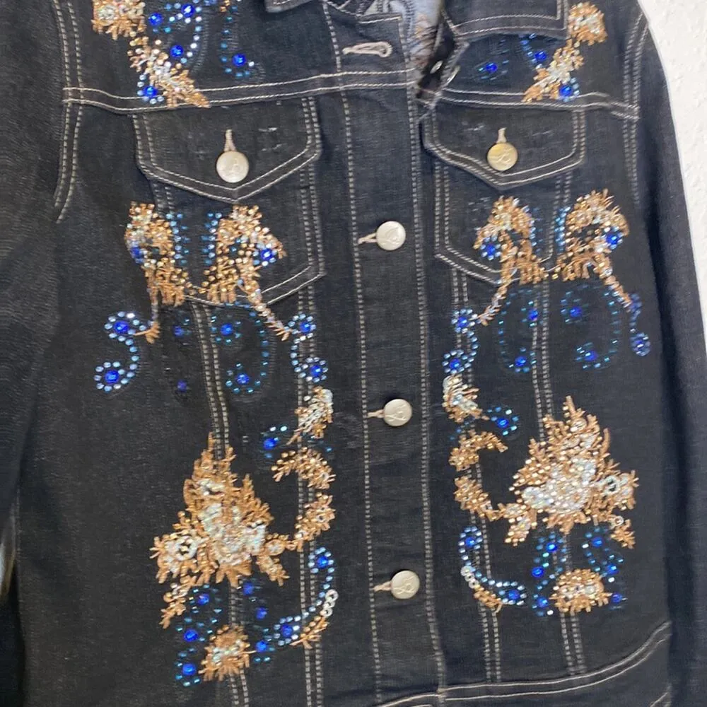 La Bellum Hillary Scott Black Jean Jacket Embellished Embroidered EUC Sz S - Image 2