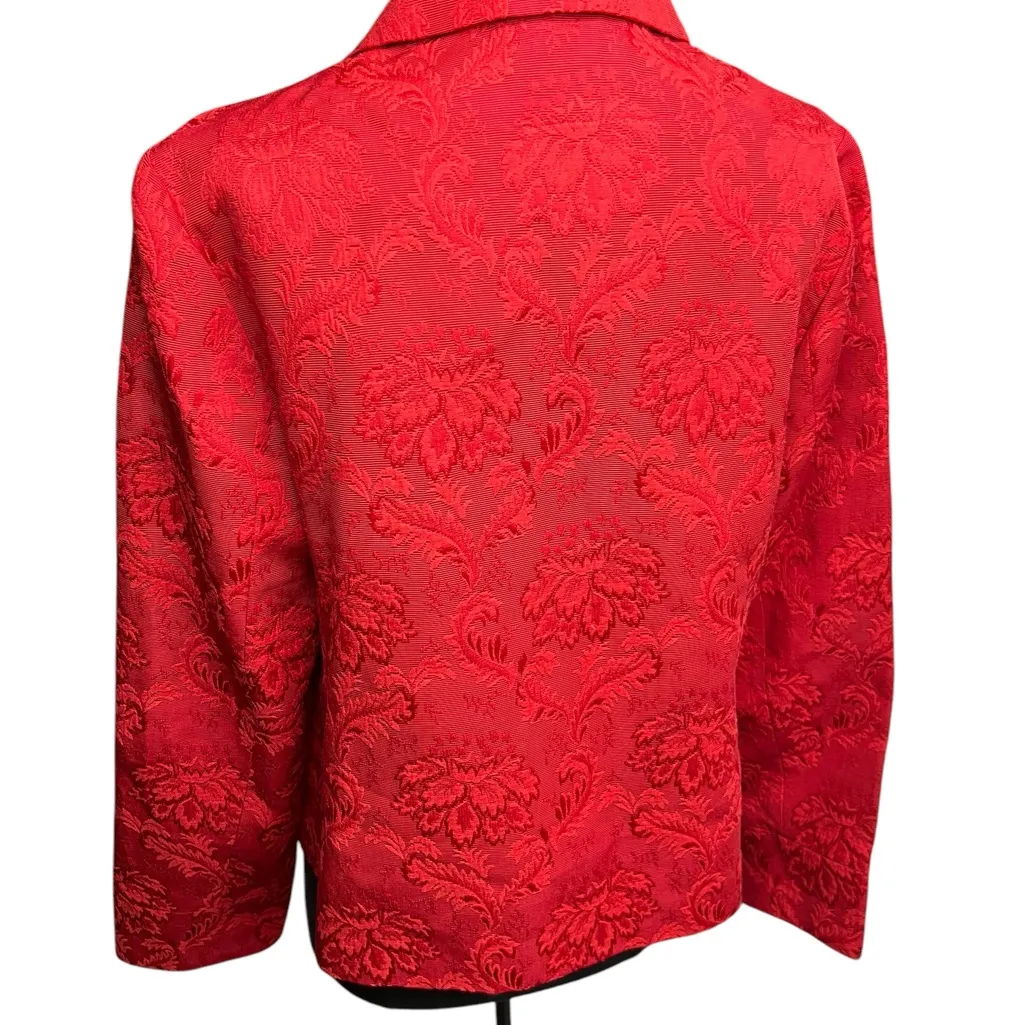 Talbots Jacket Pea Coat Large Red Floral Brocade Double Breasted  Fully Lined - Image 7