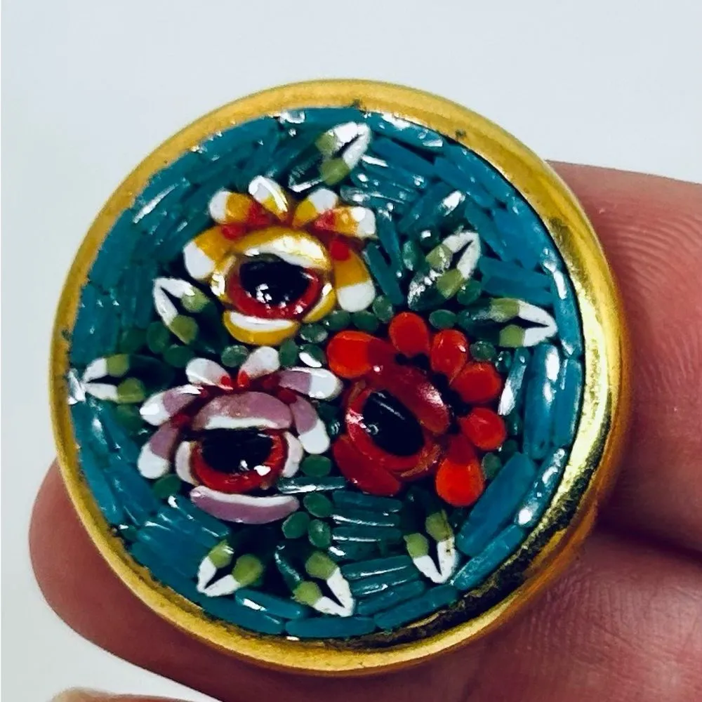 Antique Italian Micro Mosaic Brooch Floral Design Round Gold Tone Signed ITALY - Image 4