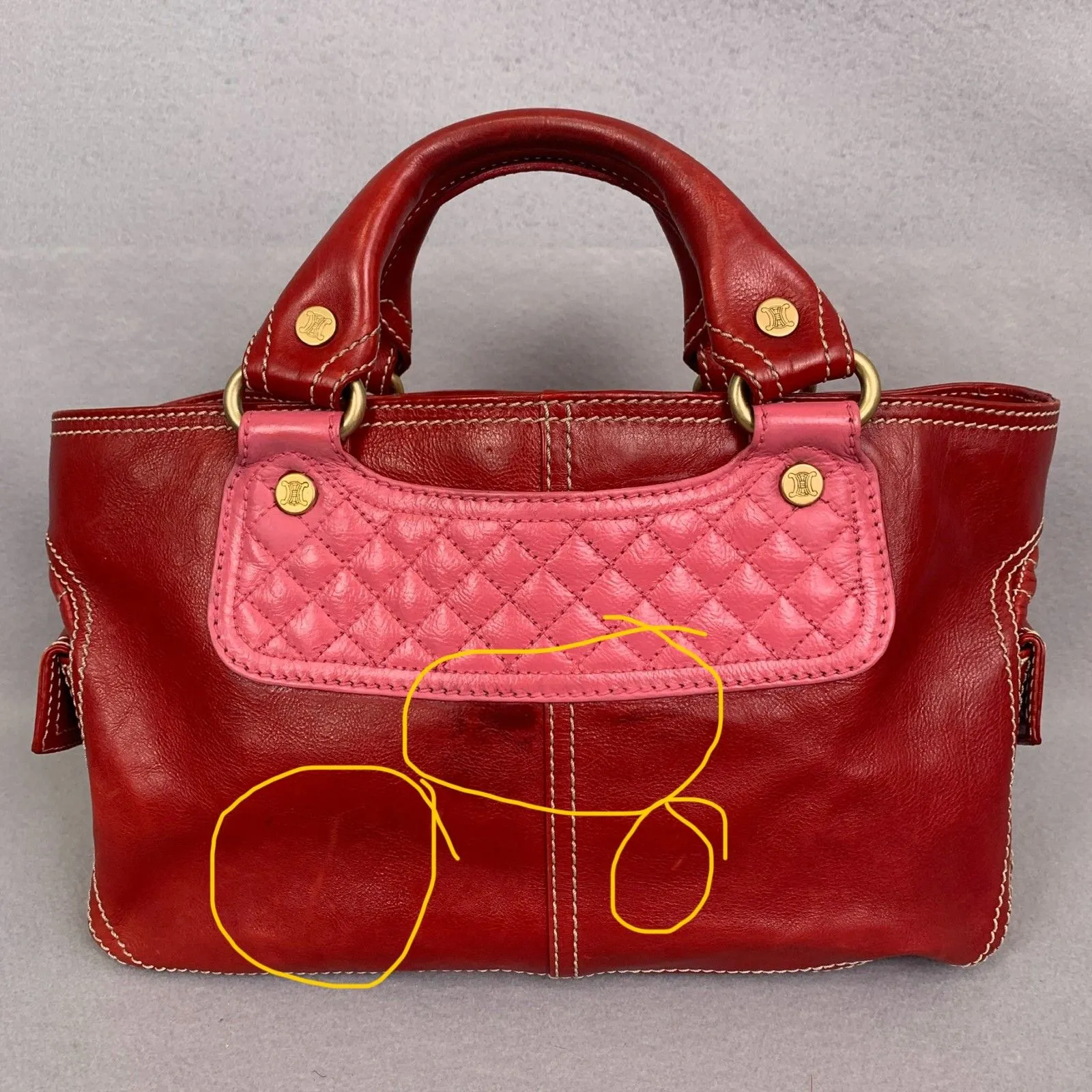 Celine Red Leather Satchel Bag Pink Quilted Detail Designer Purse Classic Luxury - Image 4