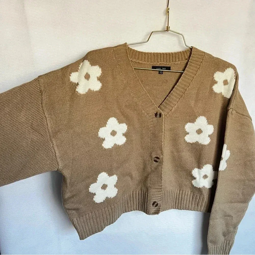 Cardigan Sweater Floral Knitted Oversized Boxsy Waist Length Khaki Brown - Image 7