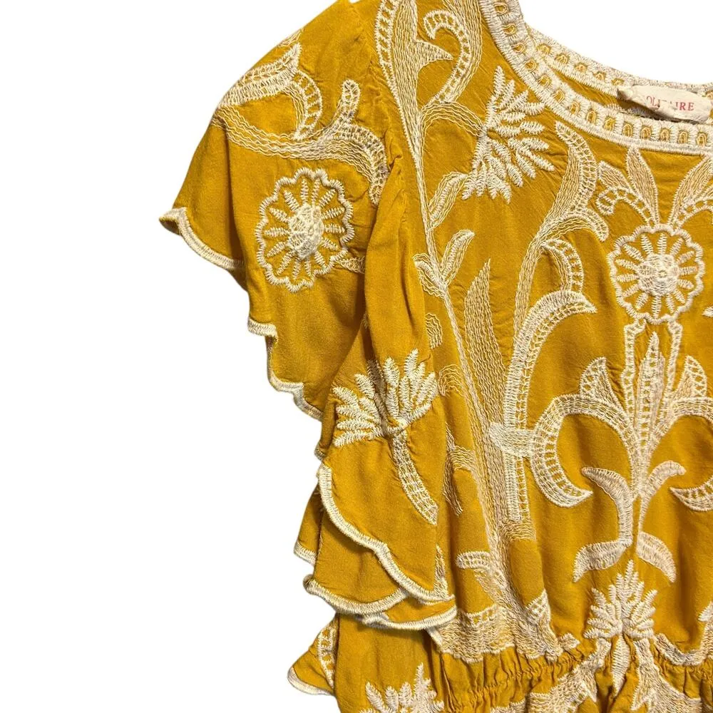 Solitaire WomenTop M Yellow Embroidered Floral Boho Cottagecore Fairy Festival - Image 6