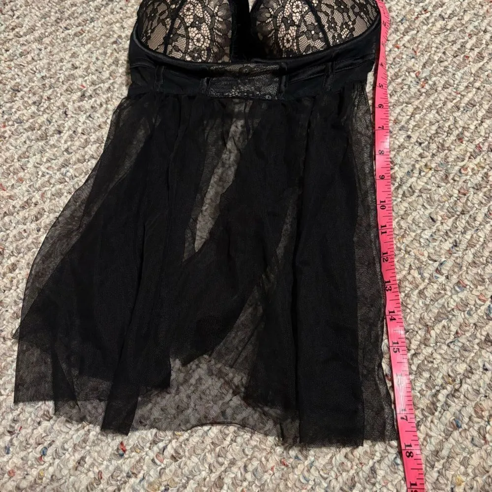 Victoria’s Secret Black Lace Push Up Babydoll Top Mesh Split Slip Teddy Size 32D - Image 6