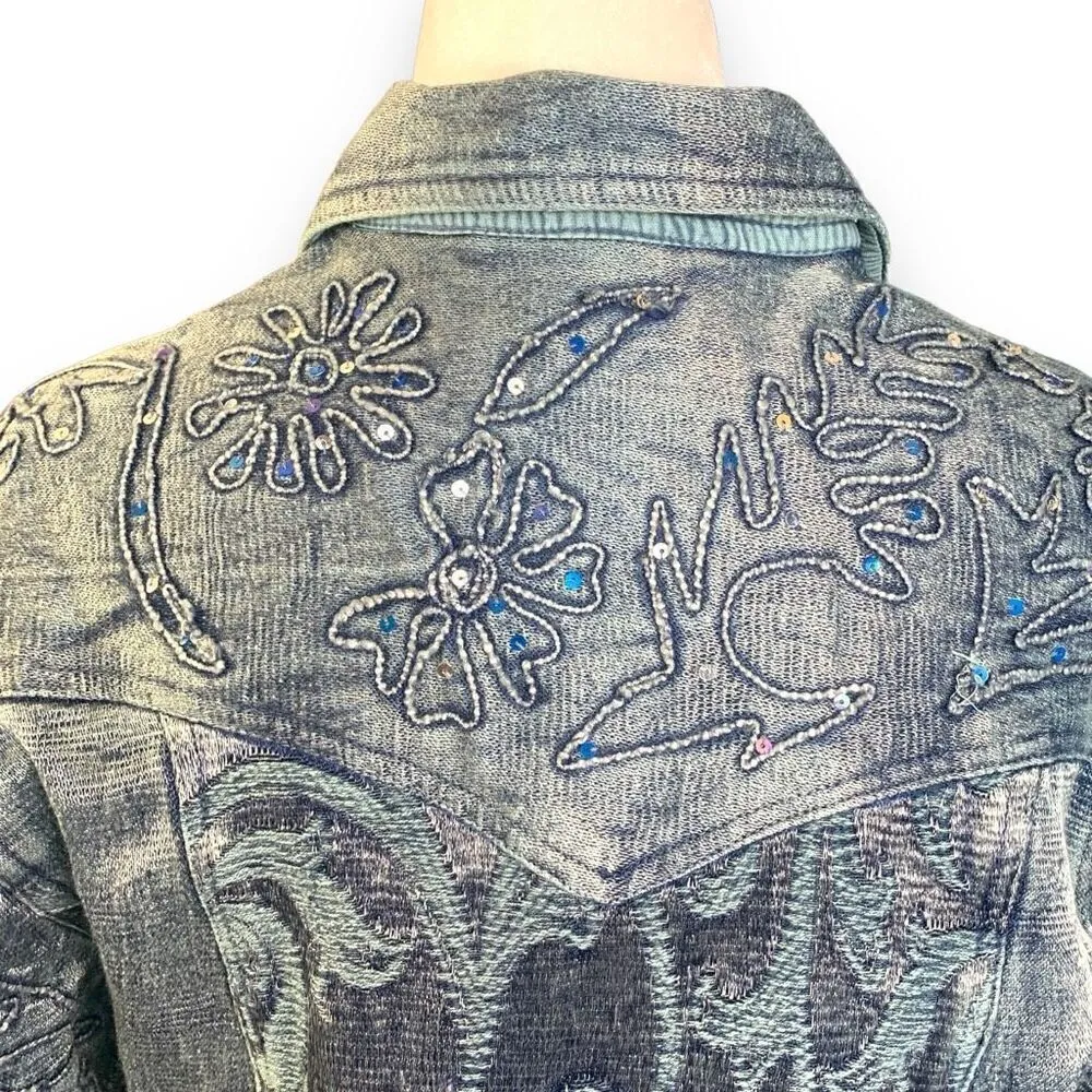 Vintage 90s Embroidered Jacket Metallic Blue Floral Detail Lace Crochet Small - Image 6
