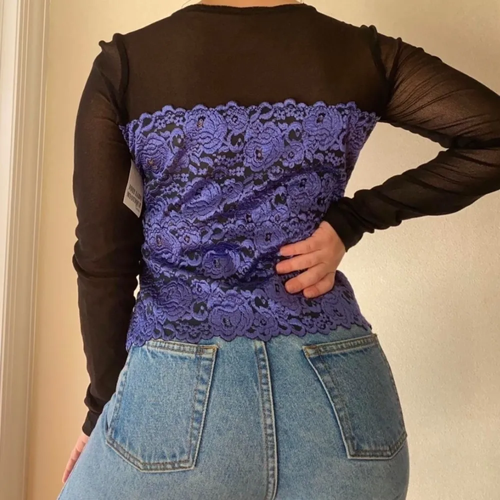 Foxy lady mystique sheer shirt with purple floral detailing and scalloped bottom - Image 3