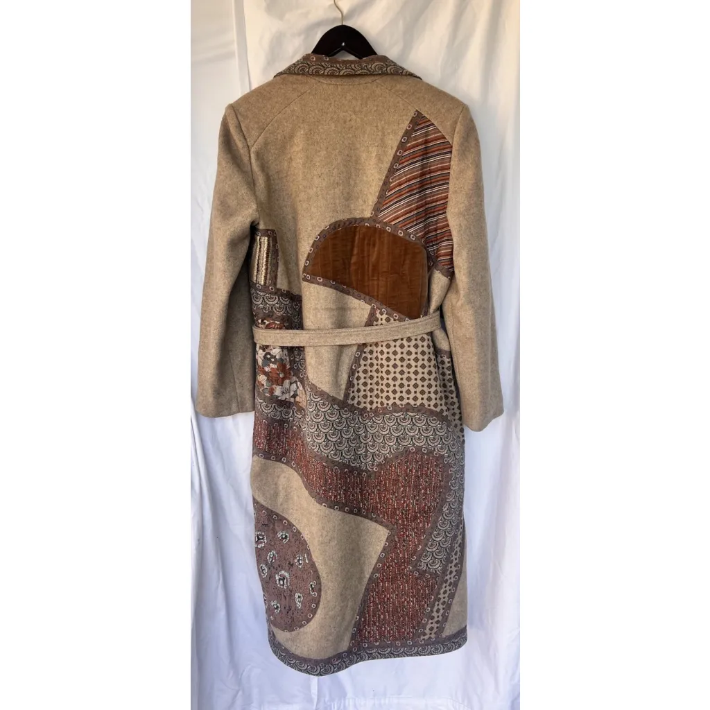 Vintage Backstreet Bohemian Patchwork Coat Wool Belted Southwest Tapestry Medium Brown - Image 7