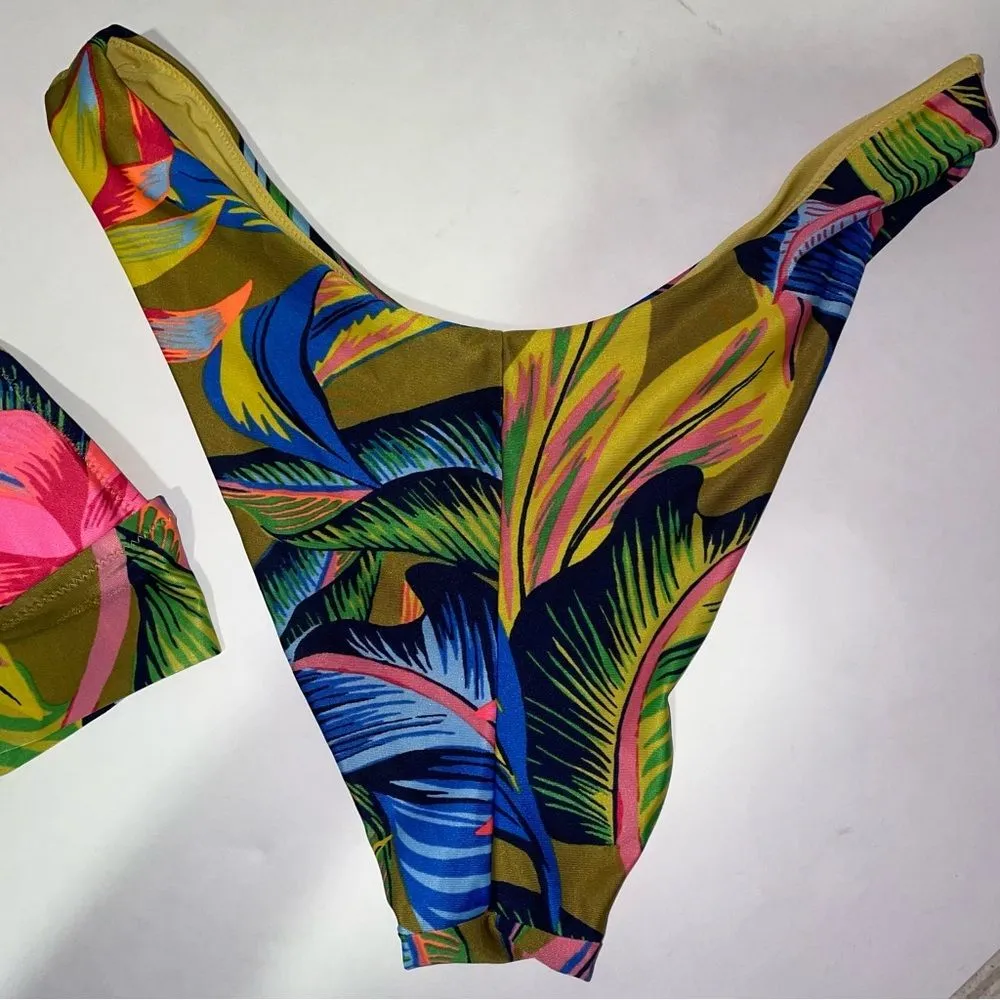 Aerie Two Piece Bikini Women L Ruffle Longline Bikini Top Cheeky Bottom Floral - Image 3